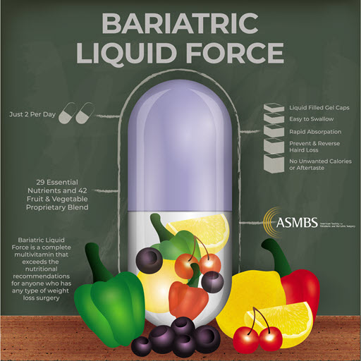 Different forms of bariatric vitamins like chewable tablets and liquid supplements